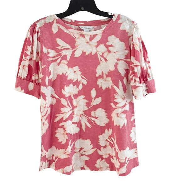 Liz Claiborne Women's M Medium Floral Print Top Pink and White Puff Short Sleeve - Picture 1 of 9